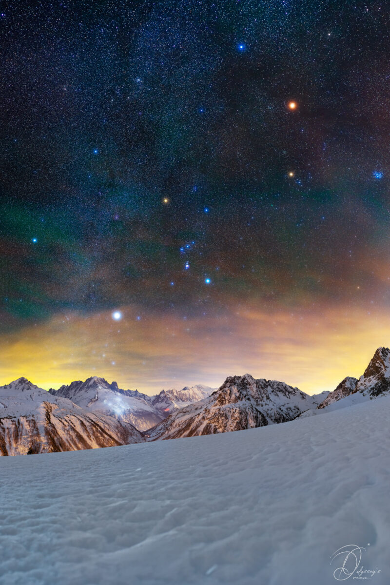 Astrophotography Nightscape Aude Nowak Odyssey's Dream Alpes Montagnes Photographie de paysages nocturnes Astronomy Photographer of the Year Orion au dessus de Mont Blanc