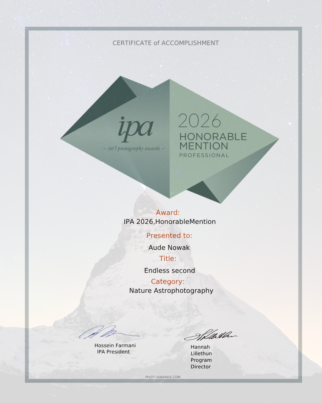 Mention Honorable International Photo Awards Mention Honorable International Photo Awards - Professionnels - Nature - Astrophotographie