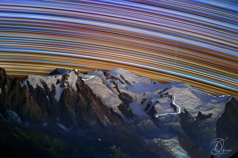Astrophotography Nightscape Aude Nowak Odyssey's Dream Alpes Montagnes Photographie de paysages nocturnes Star trail au dessus du mont alpinistes sur les trois voies d´ascension